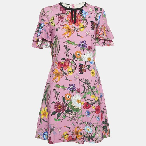 Gucci Mini Abito Rosa Stampa Floreale Jersey Manica Svasata XL