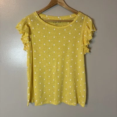 Loft 100% льняная рубашка желтый горошек оборки рукава Топ Sz большой - Изображение 1 из 4