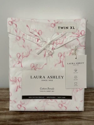 Laura Ashley Twin XL Dorm Bedding Sheet Set TRAILING BOWS Pink White 3pc NWT - Image 1 of 4