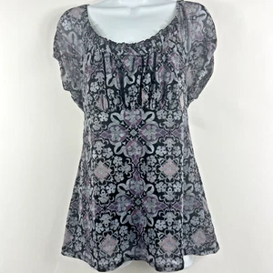 Axcess Y2K Purple Black Top M Stretch Babydoll Dark Floral Fairygoth Whimsigoth - Picture 1 of 9
