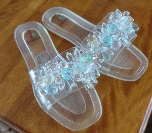 Palms Jeweled Crystals Slide On Jelly Sandals Womens Size 8 clear - Picture 1 of 6