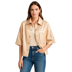 Chico’s beige strukturierte Jacke mit Reißverschluss & Druckknopfleiste vorne Satinoptik, Größe 3 neu mit Etikett - Bild 1 von 7