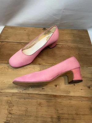 Zapatos de salón de seda rosa tacón grueso años 60 vintage mod punta cuadrada 8,5 Foto 1 de 4