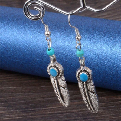 Cute New Tibetan Silver Turquoise Bead Enamel Feather Hook Dangle Drop Earrings - Image 1 of 4