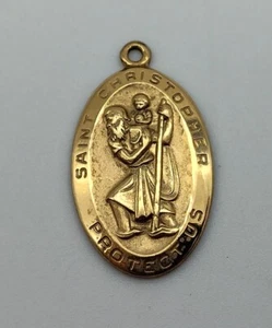 Vtg St Christopher Protect Us Catholic Pendant Vermeil Religious Sterling 925 - Picture 1 of 2