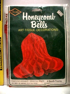 2 PC FACTORY SEALED BEISTLE HONEYCOMB RED TISSUE BELLS VINTAGE XMAS DECORATION - Picture 1 of 2