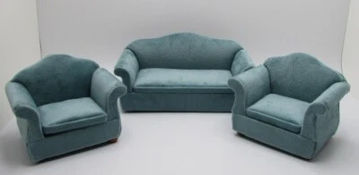 Juego de sofá y 2 sillas de salón moderno miniatura para casa de muñecas en verde azulado T2021 Foto 1 de 4