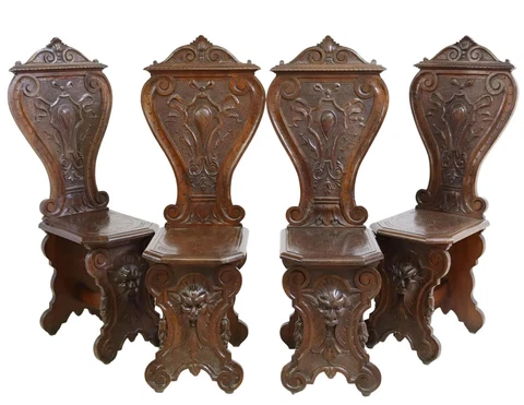 Antique Hall Chairs,  Renaissance Revival, Carved Walnut (4) , 19th C.,  1800s!! Cover