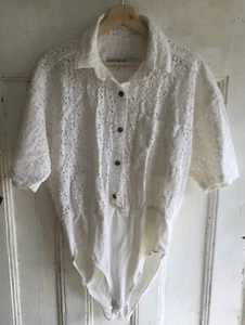 Kerry Mcgee Vintage Lace Bodysuit Size L Womens Button Up Boho Cotton Crochet - Picture 1 of 12