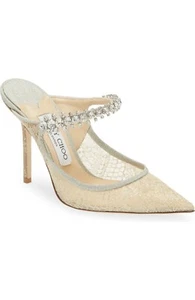 JIMMY CHOO Bing Crystal Embellished Metallic Lace Mule IVORY PLATINUM, 7US 37EU - Picture 1 of 6