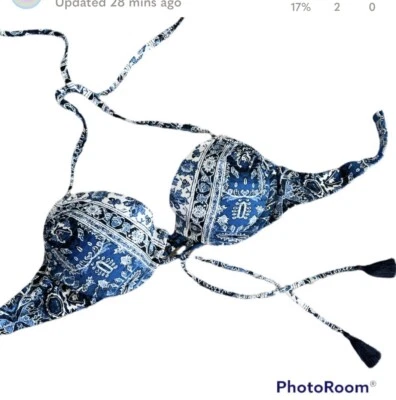 Xhilaration Blue Paisley Pattern Lace Up Fringe Boho Coastal Clasp Bikini Top - Image 1 of 4