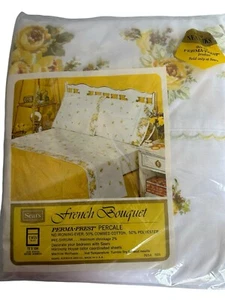 Sears French Bouquet Yellow Percale Twin Flat Sheet Poly Cotton Vintage NOS New - Picture 1 of 8