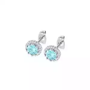 18k White Gold Plated 3 Ct Created Halo Round Aquamarine CZ Stud Earrings - Picture 1 of 1