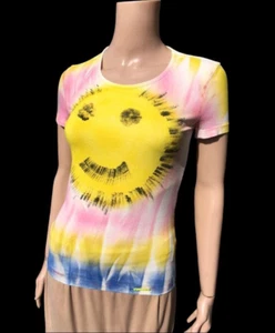John Galliano Smiley Face T-shirt Top Colorful Tie Dye Size XXS S Stretchy - Picture 1 of 12