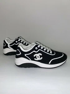 CHANEL BLACK WHITE TRAINERS SNEAKERS 37.5 - Picture 1 of 8