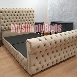 New Stylish Plush Velvet Upholstered Chesterfield Sleigh Scroll Bed Frame Double - Picture 1 of 4