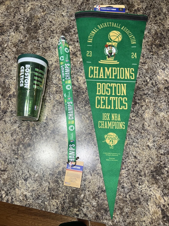 BOSTON CELTICS 2024 NBA FINALS CHAMPIONS LANYARD Locker Room Pennant TERVIS Cup - Image 1 of 4