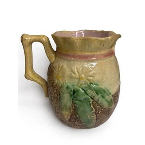 Antique Majolica Pottery Pitcher Daisy Bow Trim 6 Inch - Picture 1 of 9