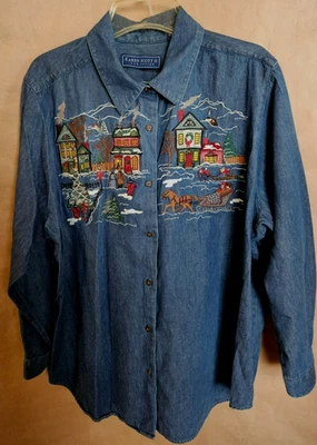 CAMISA DE NAVIDAD KAREN SCOTT MUJER DENIM CON BOTONES VARIOS COLORES TALLA 2X # 4738 Foto 1 de 4