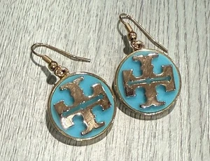 Authentic Tory Burch Britten Blue & Gold LOGO Dangle Drop Earrings - Picture 1 of 6