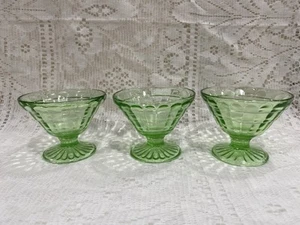 3 Uranium Depression Glass Sherbet Dish Anchor Hocking Block Optic - Picture 1 of 5