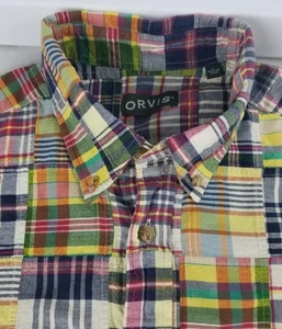 Camisa ORVIS Para Hombres L Madras Cuadros Retazos Algodón Manga Corta Abotonada Preppy - Imagen 1 de 12