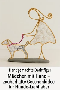 Handgemachte Drahtfigur Mädchen mit Hund – schöne Geschenkidee für Hundefreunde - Bild 1 von 4