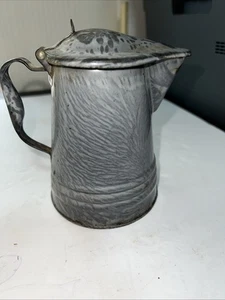 6” Miniature  agate Ware Enamel Gray Granite Coffee Pot Cowboy With Lid - Picture 1 of 14