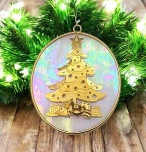 Vintage Christmas Tree Ornament Iridescent Gold Tone Oval 3D - Picture 1 of 6