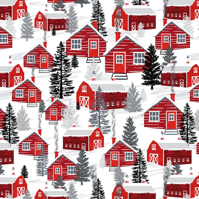 Tela de Navidad | It's Snow Wonder Red House & Barn on White | Patio en blanco Foto 1 de 1