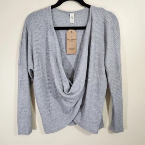 lazy sundays grey waffle slub knit top casual sz s usa crossover front boho - Picture 1 of 8