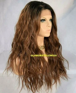 360 FREE PART HUMAN HAIR BLEND LACE FRONT WIG LONG OMBRE BLACK BROWN AUBURN MIX - Picture 1 of 6