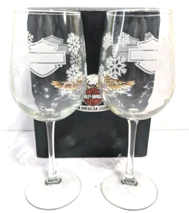 Harley Davidson Snow Flake Wine Glass 2 Pk Set 9" Tall Heavy 2009 NEW - Picture 1 of 7