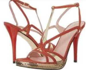 Stuart Weitzman Tasty Coral Suede Gold Mesh Platform Heel 8.5 New in Box - Picture 1 of 5