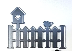 Fence with Bird House Heart Birdie Garden Metal Cutting Dies Thin 3.75" x 2.75" - Picture 1 of 2