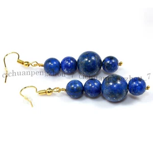Natural 8mm 12mm Blue Lapis Lazuli Round Gems Beaded Dangle Hook Earrings - Picture 1 of 9