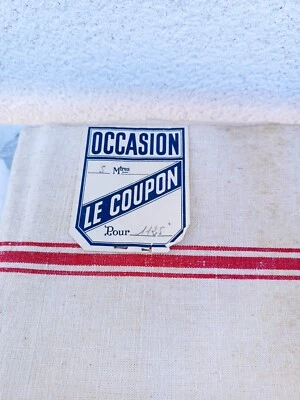 Ancienne toile métissée écru à liteaux rouge pour torchon - Photo 1/4