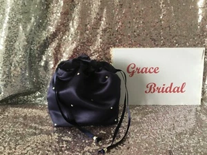 NAVY BLUE DIAMANTE DUCHESS SATIN DOLLY BAG B/MAID FLOWER GIRL *free swatches*  - Picture 1 of 6