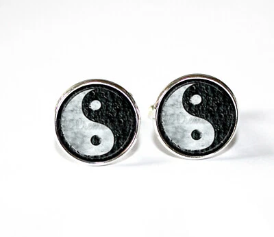 Yin Yang Symbol Zen Yoga Handmade Round Glass Metal Cufflinks Gift for Him - Image 1 of 4