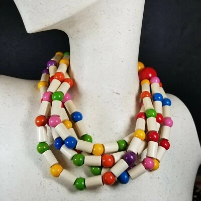 Rainbow & Pink Chunky Wood Bead Multi Strand Choker Necklace Pride Statement Fun - Image 1 of 4