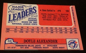 KEITH MORELAND 1986 Topps MINI Ldr ERROR Part WRONG BACK Doyle Alexander OddBaLL