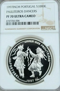 1997 PORTUGAL SILVER 1000 ESCUDOS PAULITEIROS DANCERS NGC PF 70 ULTRA CAMEO RARE - Picture 1 of 3