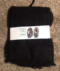 *TIME AND TRU* RUANA *TWO WAYS  TO WEAR SHAWL*BLACK/GLITTER FRINGED SCARF  WRAP* - Bild 1 von 2