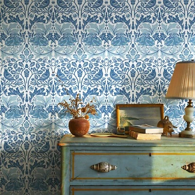 Rollos de papel tapiz de flores Jiffdiff pegatinas de vinilo autoadhesivas de pájaro y conejo azul Foto 1 de 4