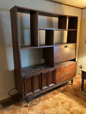 Vintage Mid Century Walnut Cabinet Bookcase Wall Unit Drop Desk Drawer Shelf 60s Cover
