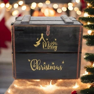 Rustic Vintage Black Merry Xmas Box Wooden Display Storage Crate Xmas Eve Box - Picture 1 of 6