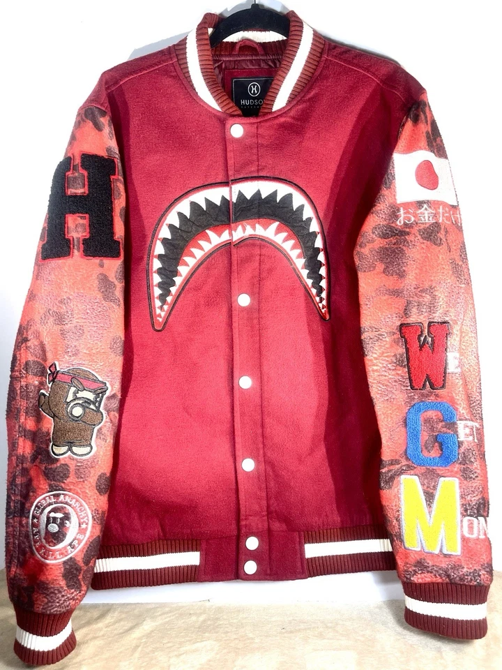 Hudson Outerwear We Killed Ape Red Camo Shark Varsity Bomber Jacket Size XL  - Image 1 of 4