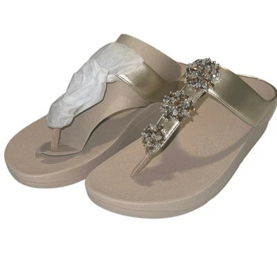 FitFlop Galaxy Gold Embellished Beads Toe Post Leather Sandals Size 10 NIB - Image 1 of 4