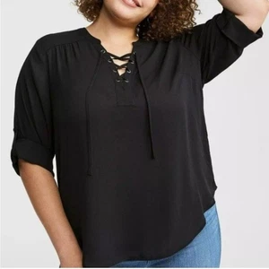 Neu mit Etikett Torrid Harper Damenbluse schwarz 3/4-Ärmel Schnürung Oberteil Übergröße 2X - Bild 1 von 4