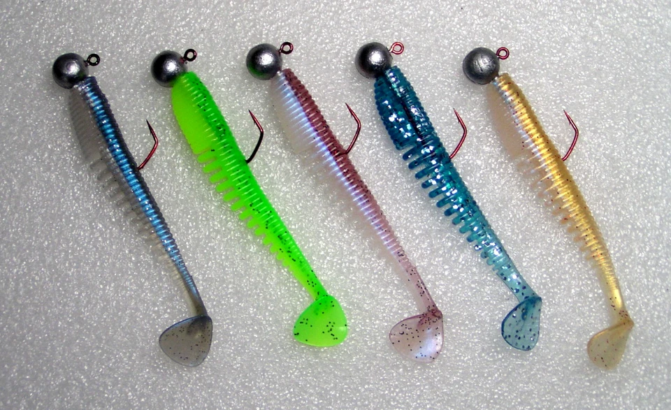 5 Stück Breitschwanz Gummifische 11cm mit VMC Haken,Rund Bleikopf, Zander,Dorsch - Bild 1 von 1